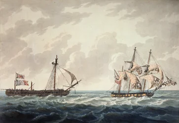 Hans Majestäts slup Bonne Citoyenne som tar den franska fregatten La Furieuse i släptåg efter aktionen den 6 juli 1809, graverad av R und D Havell, utgiven av Robert Cribb 1810.