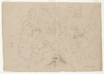 Untitled - Många porträttskisser, grovt ritade, av män, kvinnor och barn (penna på papper)