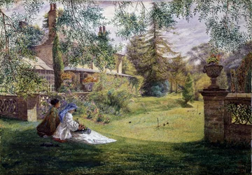 En sommareftermiddag. En sommareftermiddag: två unga kvinnor sitter på gräset i en trädgård. Mitt emot dem ligger en cricketplan. Målning av George William Mote (1832-1909 brittisk). Prerafaelism (Prerafaelitisk konst). Privat samling