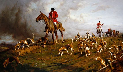 Jägare och hundar kommer att rita (olja på duk)