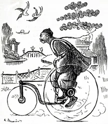 En tecknad serie som föreställer en kines som åker trehjuling genom en park i Kina. Illustrerad George du Maurier (1834-1896), en fransk-brittisk serietecknare och författare
