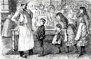 En tecknad serie som föreställer en kock som tar emot beställningar från husets barn. Illustrerad av George du Maurier (1834-1896), en fransk-brittisk serietecknare och författare