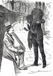 En tecknad serie som föreställer en sotare som bär sina penslar genom Londons gator. Illustrerad av George du Maurier (1834-1896), en fransk-brittisk serietecknare och författare