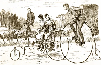 En tecknad serie som föreställer en grupp ungdomar som åker trehjuling. Illustrerad George du Maurier (1834-1896), en fransk-brittisk serietecknare och författare