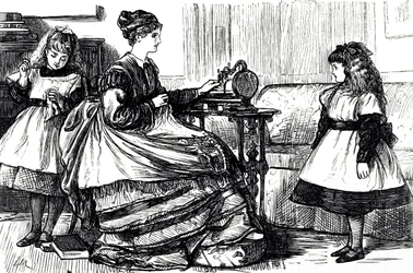 En tecknad film som föreställer en ung mamma som använder en symaskin. Illustrerad av George du Maurier (1834-1896), en fransk-brittisk serietecknare och författare