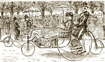 En gravyr som föreställer passagerare som åker i cykelvagnar. Illustrerad av George du Maurier (1834-1896), en fransk-brittisk serietecknare och författare