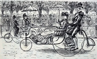 En gravyr som föreställer passagerare som åker i cykelvagnar. Illustrerad av George du Maurier (1834-1896), en fransk-brittisk serietecknare och författare