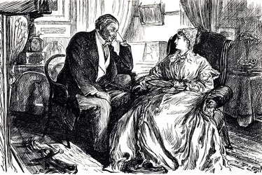 Georges du Maurier tecknad film som illustrerar en man och kvinna i samtal om de lugnande fördelarna med torskleverolja. England 1869
