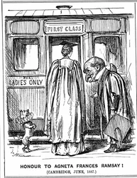 Herr Punch böjer sig för Agneta Frances Ramsay som satt och klarade med First Class Honours, papperet som fastställdes, men som inte kunde ta emot en examen eftersom Cambridge inte gav dem till kvinnor vid den här tiden. George du Maurier tecknad från Punc