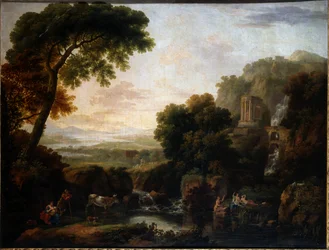 Italienskt landskap med en capriccio-vy av Tivoli, en herde och herdinna och boskap