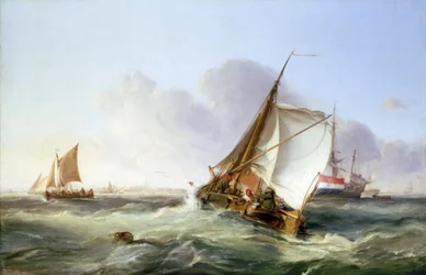 En boeier (holländsk kommersiell segelbåt) i vinden. Olja på duk