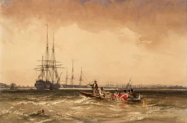 På Medway (marinsoldater på väg ut till Indiaman, Northfleet)