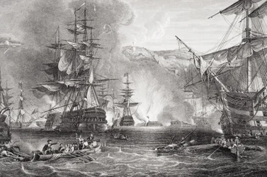 The Bombardment of Algiers, 27 augusti 1816, från `Illustrationer av engelsk och skotsk historia