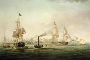 Vy över Hulls hamn med fartyget Spartan (olja på duk)