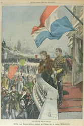 Procession av korporationer i Haag inför drottning Wilhelmina av Nederländerna för att fira hennes giftermål med hertig Henrik av Mecklenburg, februari 1901 (färglitografi)