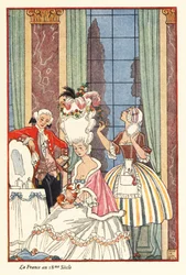 En ädel kvinna vid sin toalett i 1700-talets Frankrike. 1928 (tryck)