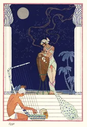 En drottning står och luktar bränd doft, forntida Egypten 1928 (tryck)