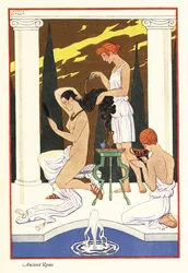 En slavinna häller väldoftande olja över sin härskarinnas hår, antikens Rom, 1928