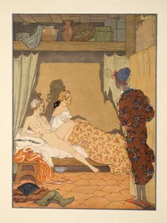 Sovrumsscen, illustration från "Les Liaisons Dangereuses" av Pierre Choderlos de Laclos (1741-1803) pub. 1934 (stenciltryck)