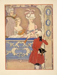 Cécile de Volanges och; Marquise Isabelle de Merteuil på teatern, illustration från "Les Liaisons Dangereuses" av Pierre Choderlos de Laclos (1741-1803) pub. 1934 (stenciltryck)
