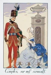 Räkna med mina eder (jag ska vara dig trogen), ungersk husar, litografi av George Barbier (1882-1932), från Falbalas et Fanfreluches, Almanach des Modes Presentes, Passees et Futures