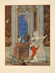 Danceny som förklarar sin kärlek till Cecile, illustration från "Les Liaisons Dangereuses" av Pierre Choderlos de Laclos (1741-1803) pub. 1934 (stenciltryck)