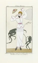 Design för vit klänning med rosa kant och virkat bälte, från Costumes Parisien, pub.1912 (pochoir-tryck)