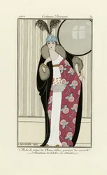 Design för klänning gjord av Crepe de Chine och Fur Coat, från Costumes Parisien, pub.1912 (pochoir-tryck)
