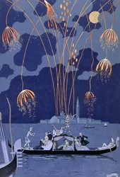 Fyrverkerier i Venedig, illustration till "Fetes Galantes" av Paul Verlaine (1844-96) 1924 (pochoirtryck)
