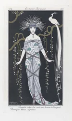 Stor aftonklänning i silverbrokad. Blå peruk, vapen, från Costumes Parisiens, pub.1914 (stenciltryck)