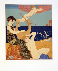 Den symboliska ringen, illustration från Les Chansons de Bilitis, av Pierre Louys, pub. 1922 (stenciltryck)