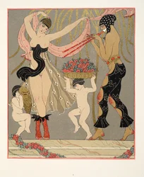 Dansen av blommorna, illustration från Les Chansons de Bilitis, av Pierre Louys, pub. 1922 (stenciltryck)