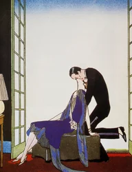 Fire, litografi av George Barbier (1882-1932), från Falbalas et Fanfreluches, Almanach des Modes Presentes, Passees et Futures