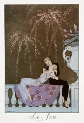 Fire, litografi av George Barbier (1882-1932), från Falbalas et Fanfreluches, Almanach des Modes Presentes, Passees et Futures