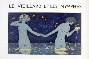 Den gamle mannen och nymferna, illustration från Les Chansons de Bilitis, av Pierre Louys, pub. 1922 (stenciltryck)