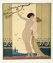 Rådgivning, illustration från Les Chansons de Bilitis, av Pierre Louys, pub. 1922 (stenciltryck)