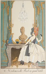 Mademoiselle Sorel i stor vana. En kvinna som står framför en öppen spis.