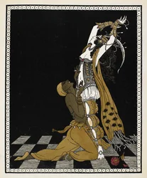 Nijinsky som guldslaven i Sheherazade, en symfonisk svit komponerad av Nikolai Rimsky-Korsakov 1888. Han står på knä framför Sheherazade, båda klädda i arabisk stil.