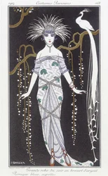 Silverbrokad aftonklänning och peruk - Illustration av George Barbier (1882-1932). i "" Journal des dames et des modes: Costumes Parisiens""