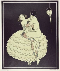 Tamara Karsavina (1885-1978) som Columbine och Vaslav Nijinsky (1890-1950) som Harlequin i Fokines "Carnaval" 1910, pub. 1914 (pochoirtryck)