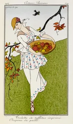 Toilette de taffetas imprime chapeau de paille. Kostymer Parisiens nr.179. En kvinna som bär en sidentryckt outfit och halmhatt. Hon bär en skål med frukt.