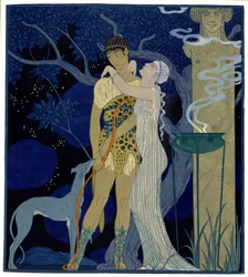 Venus och Adonis (färg litho)