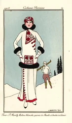 Kvinna i outfit för St. Moritz i vit fris med skunkkant och ullbroderi. Häll St. Maritz ratine blanche garnie de skunks et brodee de laine. Handfärgad pochoir (stencil) etsning efter en illustration av George Barbier från Tommaso Antongini’s