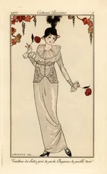 Kvinna i pärlgrå dräkt och svart stråhatt. Handkolorerat pochoirtryck efter en illustration av George Barbier från Tommaso Antonginis Journal des Dames et des Modes, Aux Bureaux du Journal des Dames et des Modes