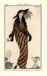 Kvinna i sobelrock med krage och muddar i vit rävpäls. Sobelrock har vit rävkrage och ärmslut. Handfärgad pochoir (stencil) etsning efter en illustration av George Barbier från Tommaso Antonginis Journal des Dames et des Modes, Au