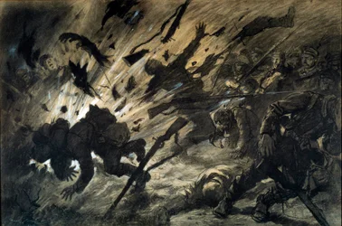 En granats verkan i natten, april 1915. Teckning av Georges Scott, kallad Scott de Plagnolles (1874-1942), 1915 - Bläck på papper, gouachehöjningar - Mått: 0,67 x 1,010 m - Paris, Musée de l