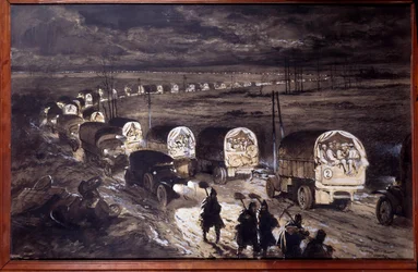 Första världskriget (1914-1918): ”Verduns heliga väg”. Akvarell av Georges Bertin Scott (1873-1942), kallad Scott de Plagnolles. Mars 1916. 0,7 x 1,1 m. Paris, Musée de l