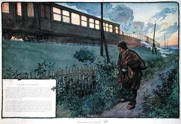 Två färdsätt, expresståget och luffaren, tidigt 1900-tal (färg litho)