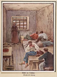 I tjekan; från Histoire des Soviets, pub. 1922 (färglitografi)