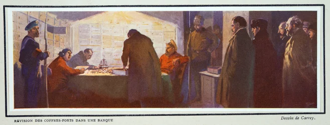 Inuti ett bankvalv under revolutionen, från Histoire des Soviets, pub. 1922 (färglitografi)
